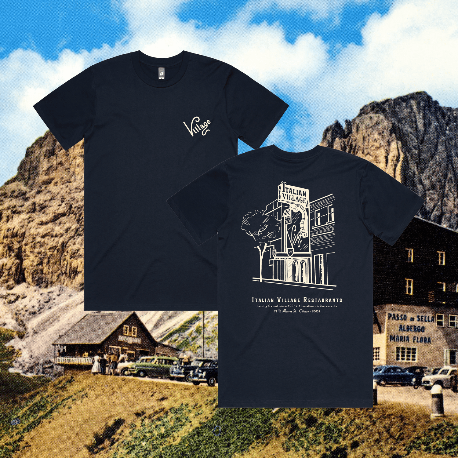 Navy Blue T-Shirt with The Village Logo — Italian Village Restaurants